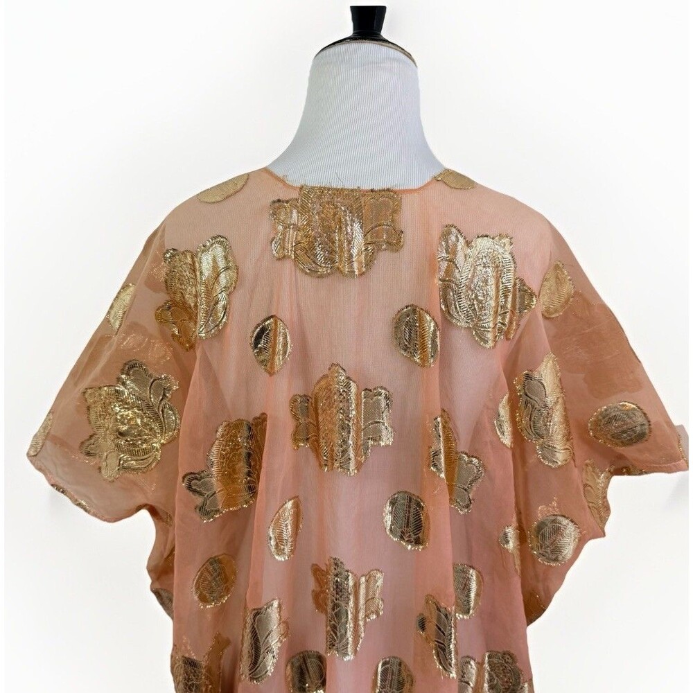 Kaftan Caftan Maxi Dress 1 Size Peach BOHO Gold Paisley Embellished Square Neck - Picture 7 of 12